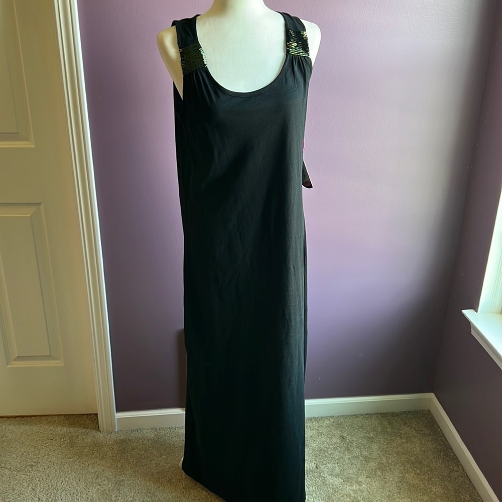 Half moon by modern movement black maxi dress sequin shoulder trim size medium